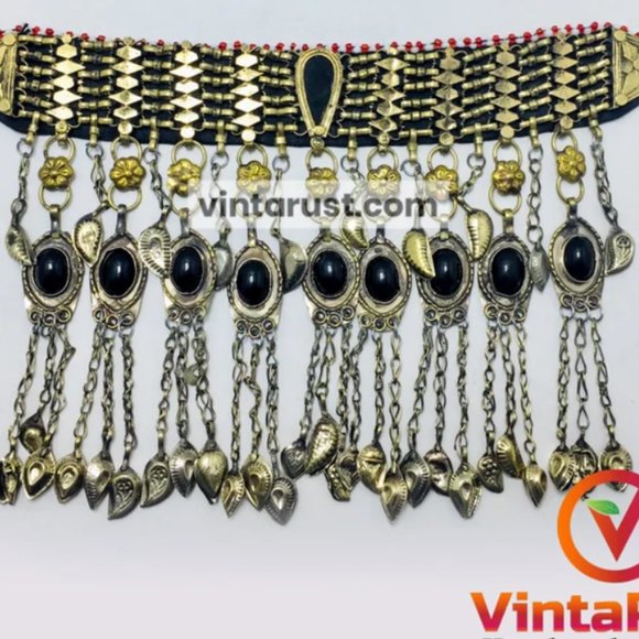 Tribal Choker Necklace With Dangling Tassels and Black Stones, Handmade Choker - Picture 7 of 11